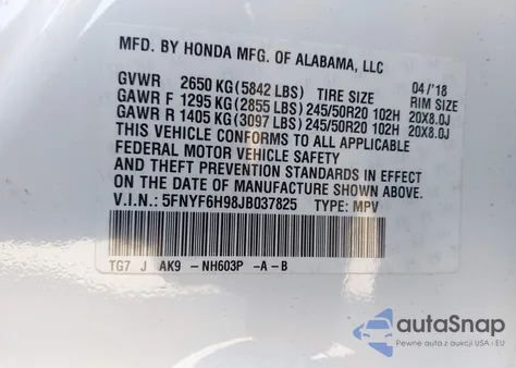 2018 Honda Pilot Touring z USA, uszkodzony, nr VIN 5FNYF6H98JB037825